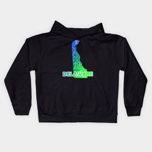 Colorful mandala art map of Delaware with text in blue and green Kids Hoodie
